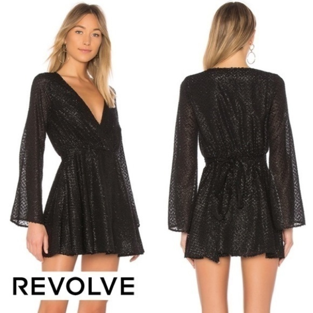 L'Academie The Wrap Black Long Sleeve V-neck Mini Dress S